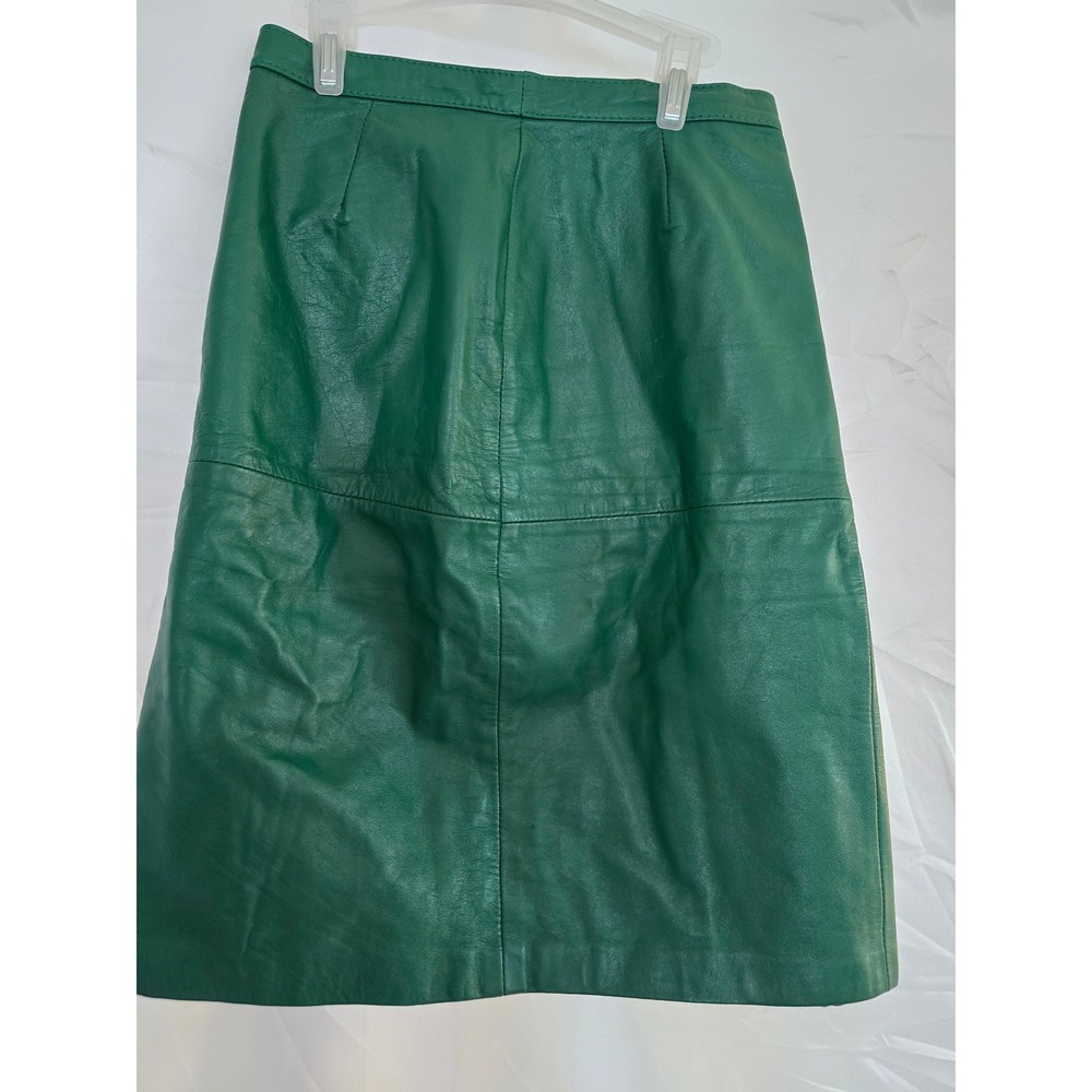 Vintage AVON Fashions Green‎ Leather A Line Skirt Size 3 4 Knee Length Side Slit